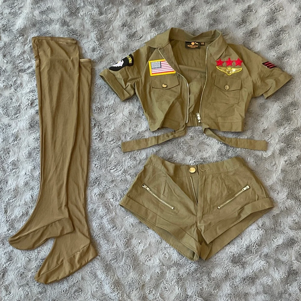 Olive Green Military-Inspired Women's Crop Jacket & Shorts & long socks Set - Picture 1 of 9